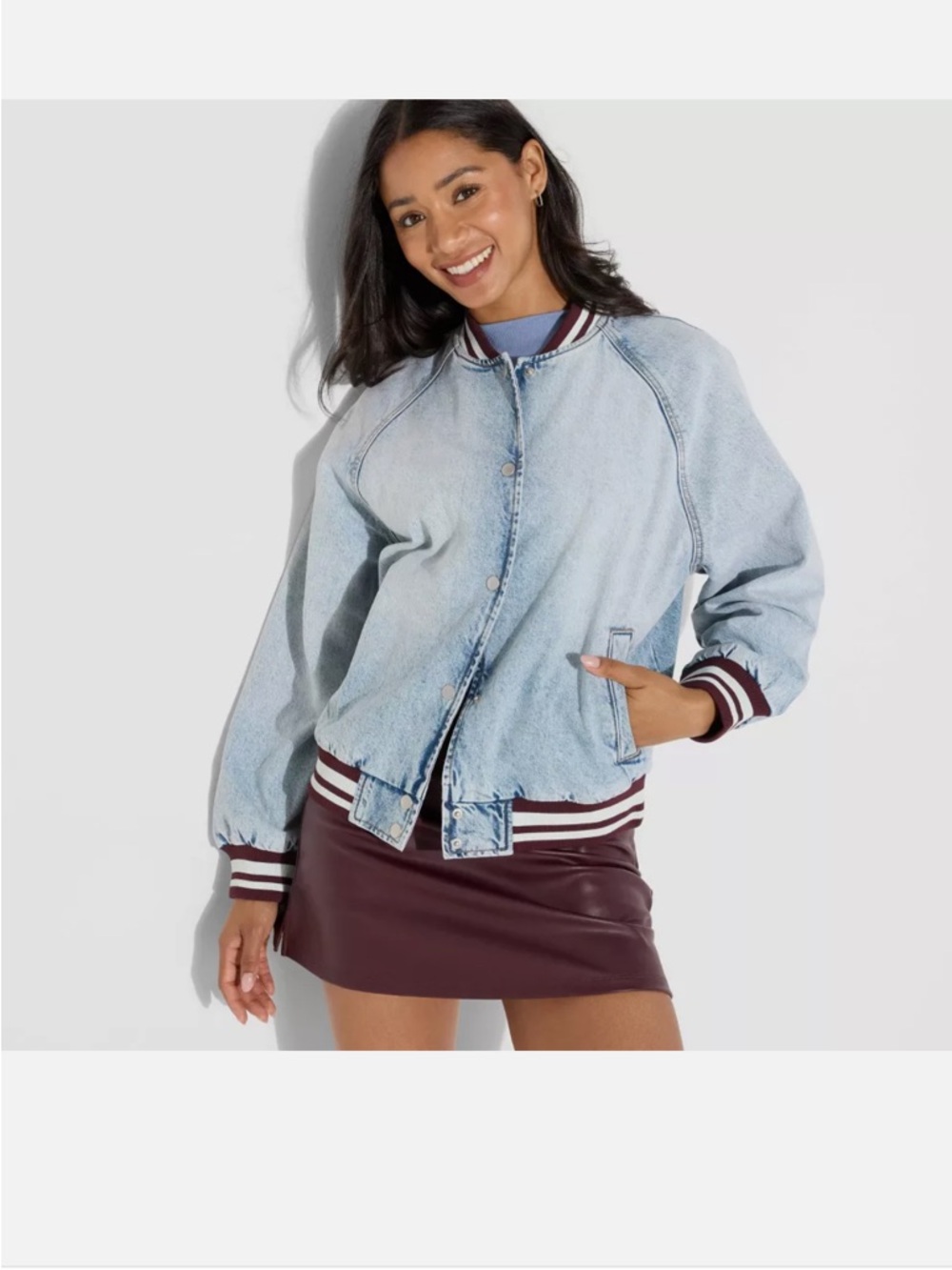 NWT Light Wash Denim Jean Bomber Varsity Jacket with Striped Trim